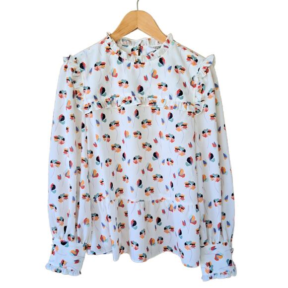 CROSBY by Mollie Burch Floral Ruffle Top Small Cream Multi Long Sleeve Swingy - Picture 6 of 9